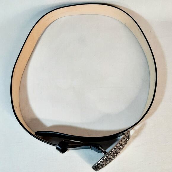 Womens Black Leather Belt Large Waist Jumbo Gray Ornate Oval Metal Buckle main image 6